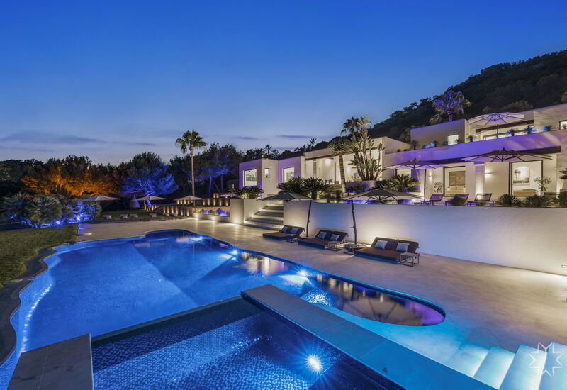 Villa Blue Mediterraneo: Activities, Amenities, Balcony / Terrace / Patio, Building Exterior, Food, Hot Tub, Kitchen, Living Room, Outdoor, Pool, Scenic View, Spring, Summer, Wellness