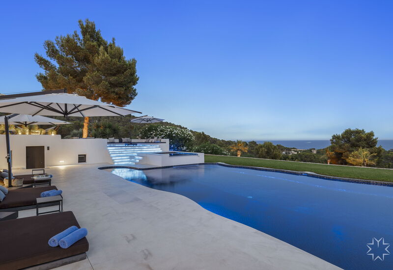 Villa Blue Mediterraneo: Activities, Amenities, Balcony / Terrace / Patio, Building Exterior, Food, Hot Tub, Kitchen, Living Room, Outdoor, Pool, Scenic View, Spring, Summer, Wellness