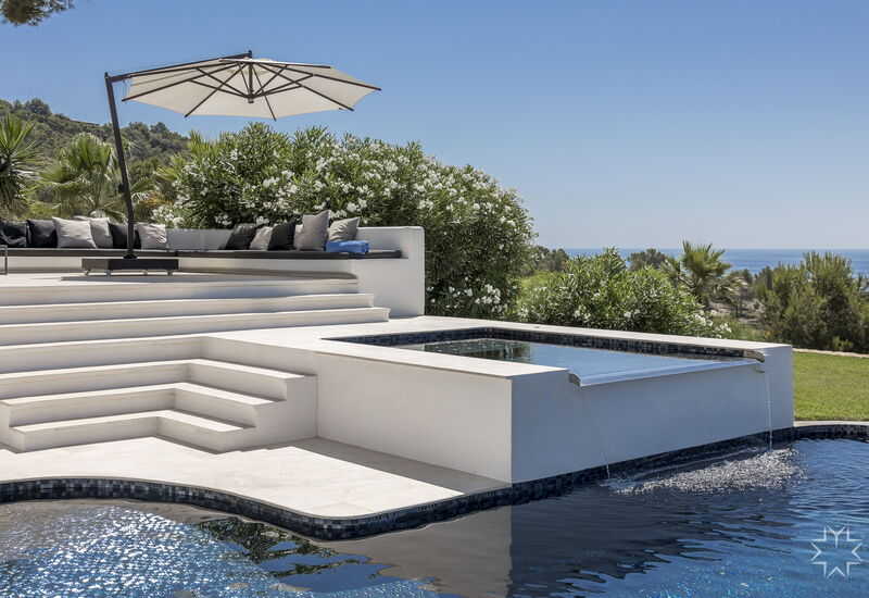 Villa Blue Mediterraneo: Activities, Amenities, Balcony / Terrace / Patio, Building Exterior, Food, Hot Tub, Kitchen, Living Room, Outdoor, Pool, Scenic View, Spring, Summer, Wellness