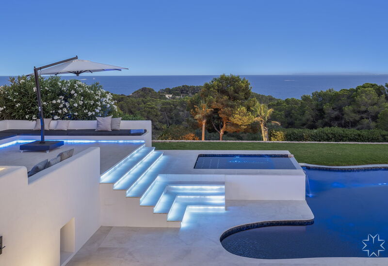 Villa Blue Mediterraneo: Activities, Amenities, Balcony / Terrace / Patio, Building Exterior, Food, Hot Tub, Kitchen, Living Room, Outdoor, Pool, Scenic View, Spring, Summer, Wellness