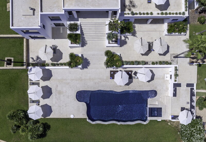 Villa Blue Mediterraneo: Activities, Amenities, Balcony / Terrace / Patio, Building Exterior, Food, Hot Tub, Kitchen, Living Room, Outdoor, Pool, Scenic View, Spring, Summer, Wellness